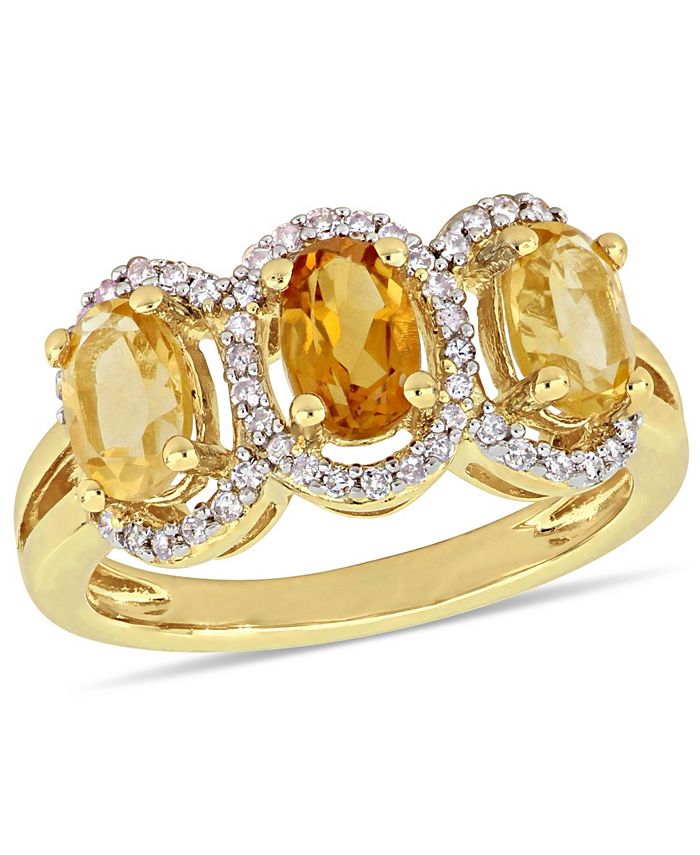 Macy's - Citrine (1-1/3 ct.t.w.) and Diamond (1/5 ct.t.w.) 3-Stone Halo Ring in 18k Yellow Gold over Sterling Silver