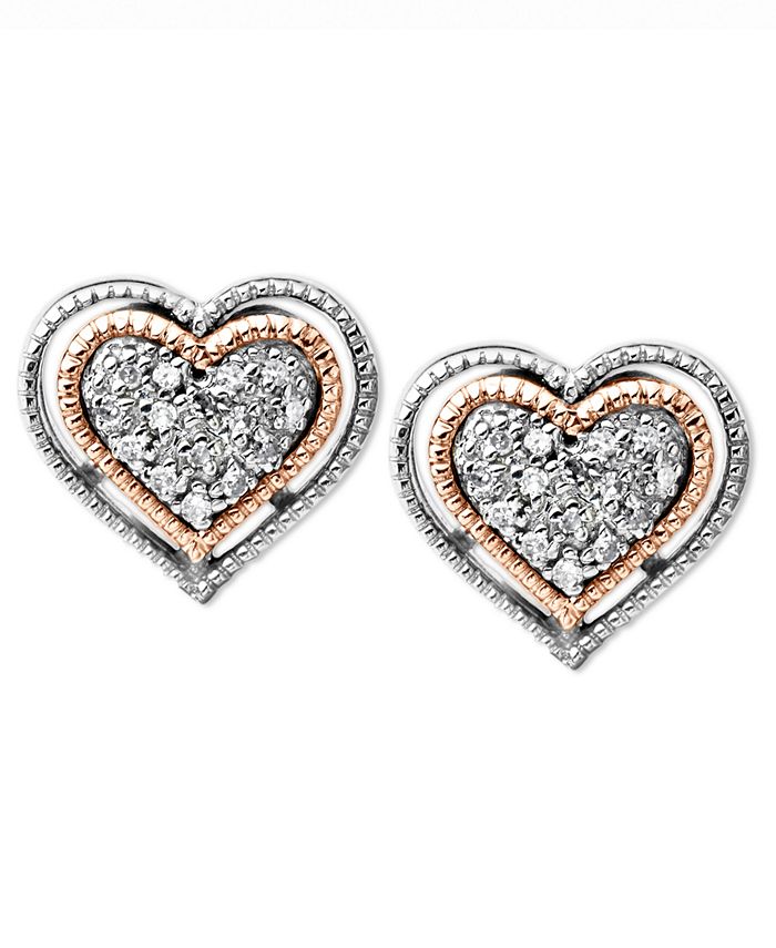 Macy's Diamond Heart Stud Earrings in Sterling Silver and 14k Rose Gold ...
