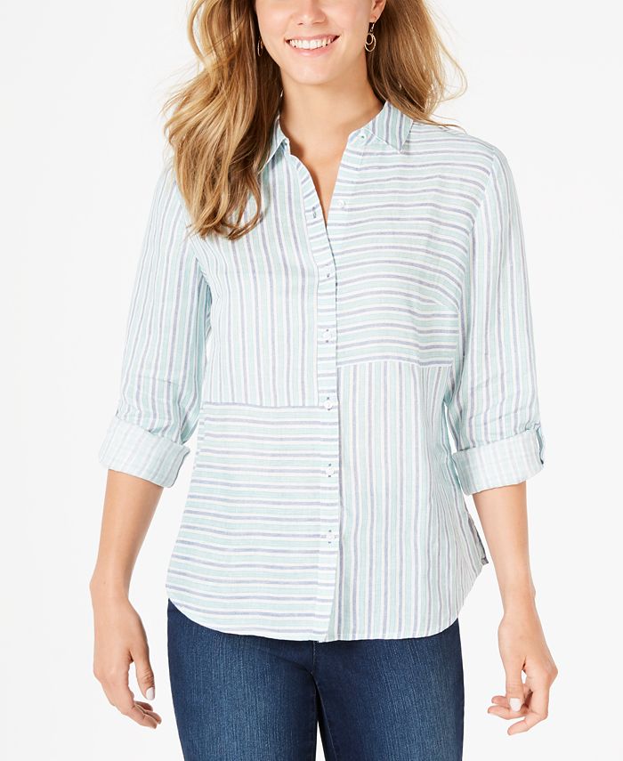 Charter Club Linen Striped Cuffed Shirt, Created for Macy's - Macy's