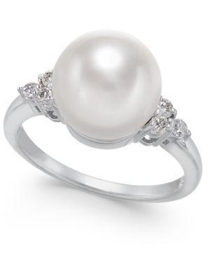 image of Cultured Freshwater Pearl (10mm) & Diamond (1/6 ct. t.w.) Statement Ring in 14k White Gold