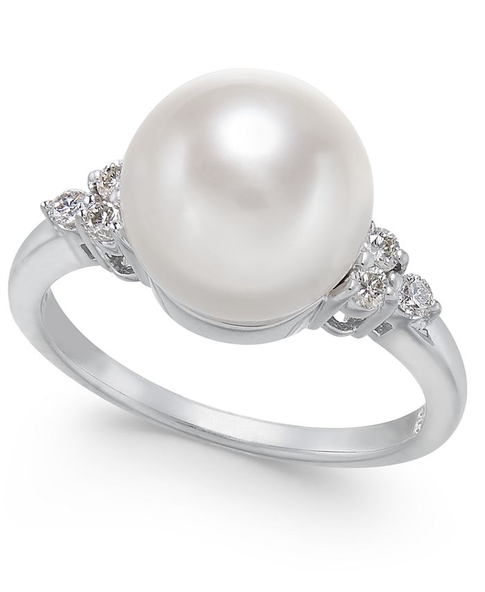Macy's - Cultured Freshwater Pearl (10mm) & Diamond (1/6 ct. t.w.) Statement Ring in 14k White Gold