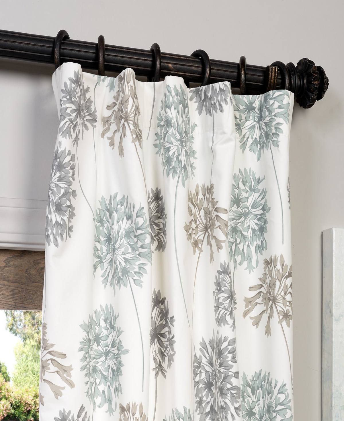 Half Price Drapes Allium Blue Grey Floral Printed Cotton Room Darkening Curtain