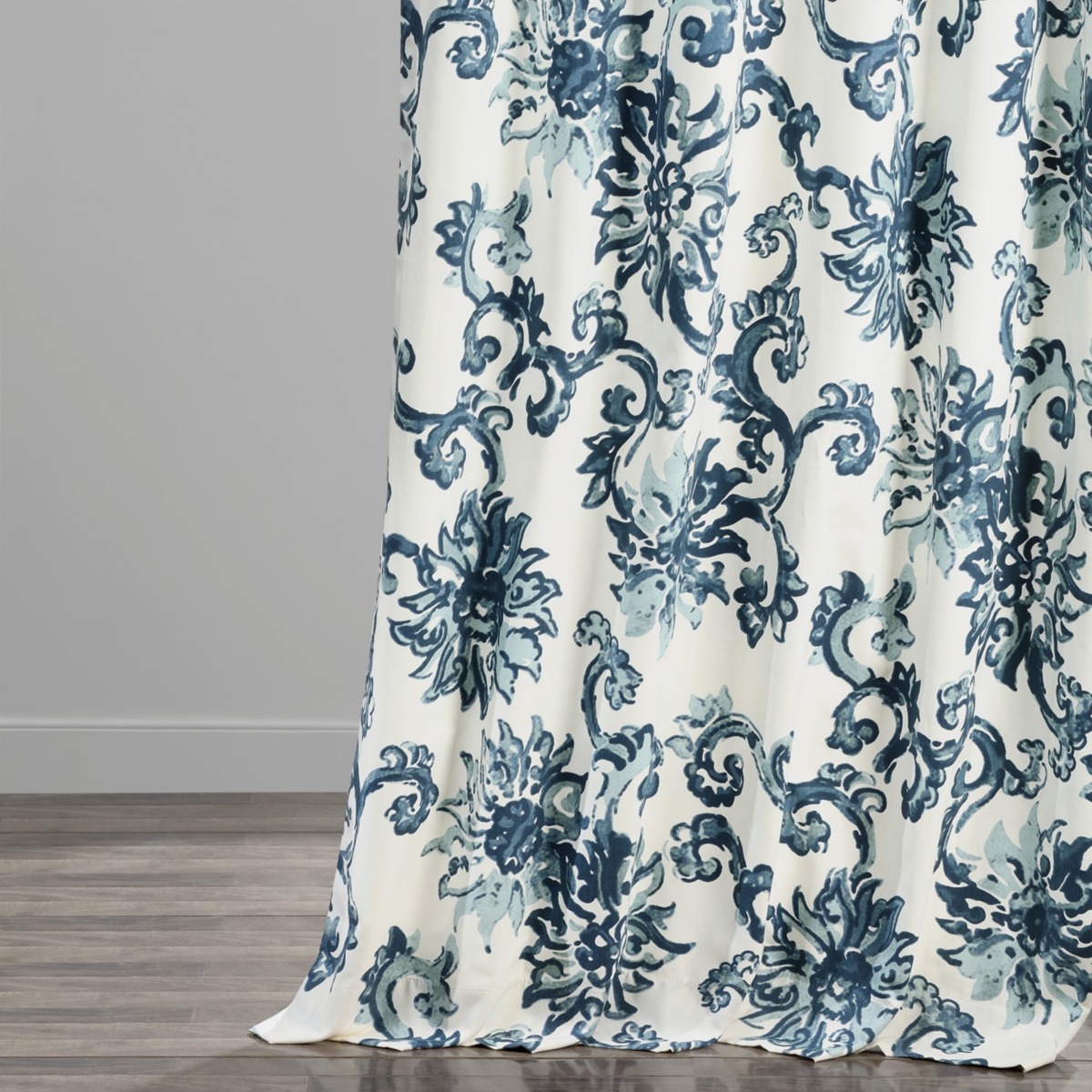 Half Price Drapes Indonesian Blue Floral Printed Cotton Room Darkening Curtain