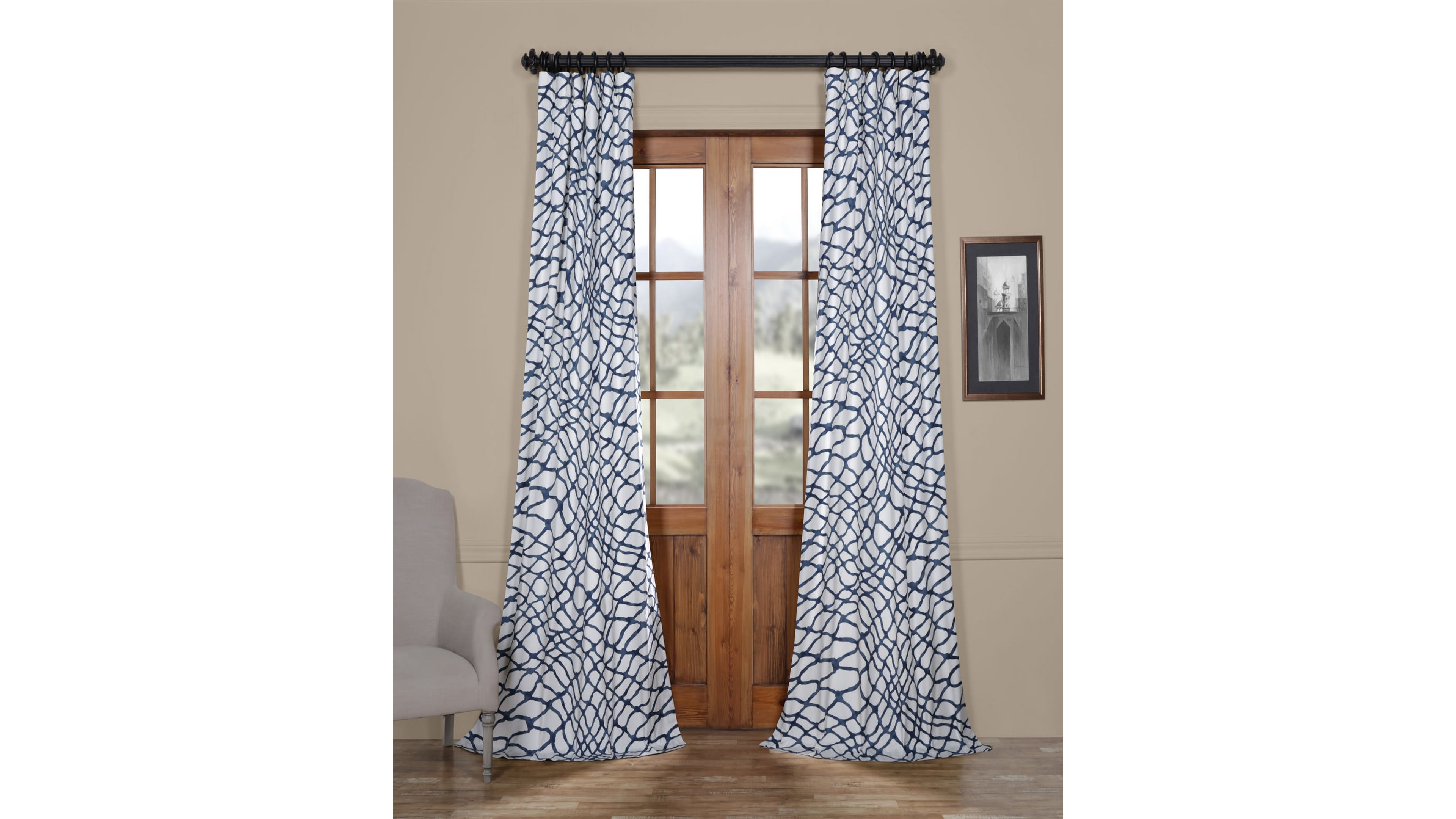 Half Price Drapes Ellis Blue Abstract Printed Cotton Room Darkening Curtain