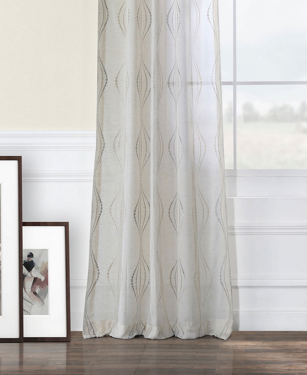 Half Price Drapes Suez Natural Embroidered Striped Patterned Faux Linen Sheer Curtain