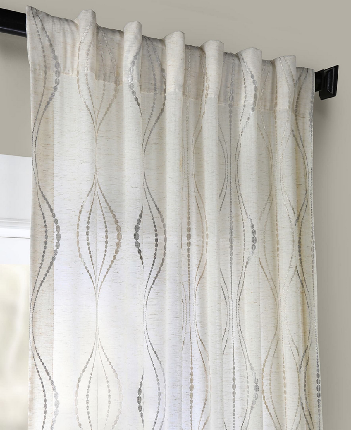HALF PRICE DRAPES SUEZ NATURAL EMBROIDERED STRIPED PATTERNED FAUX LINEN SHEER CURTAIN 