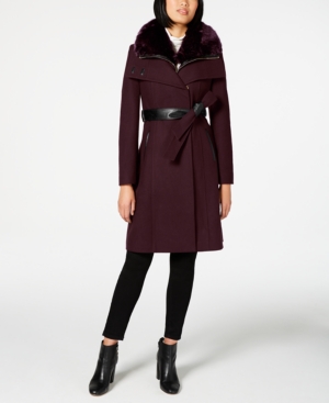 FRENCH CONNECTION FAUX-FUR-COLLAR BELTED COAT WITH FAUX-LEATHER TRIM