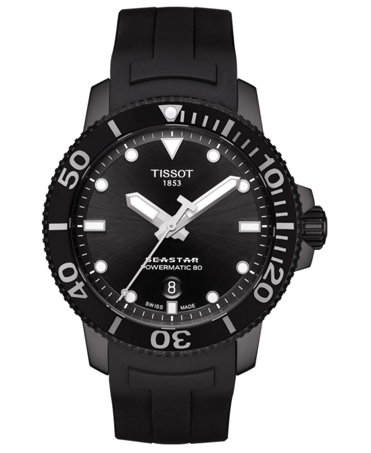 Tissot Men's Swiss Automatic Seastar Black Rubber Strap Diver Watch 43mm