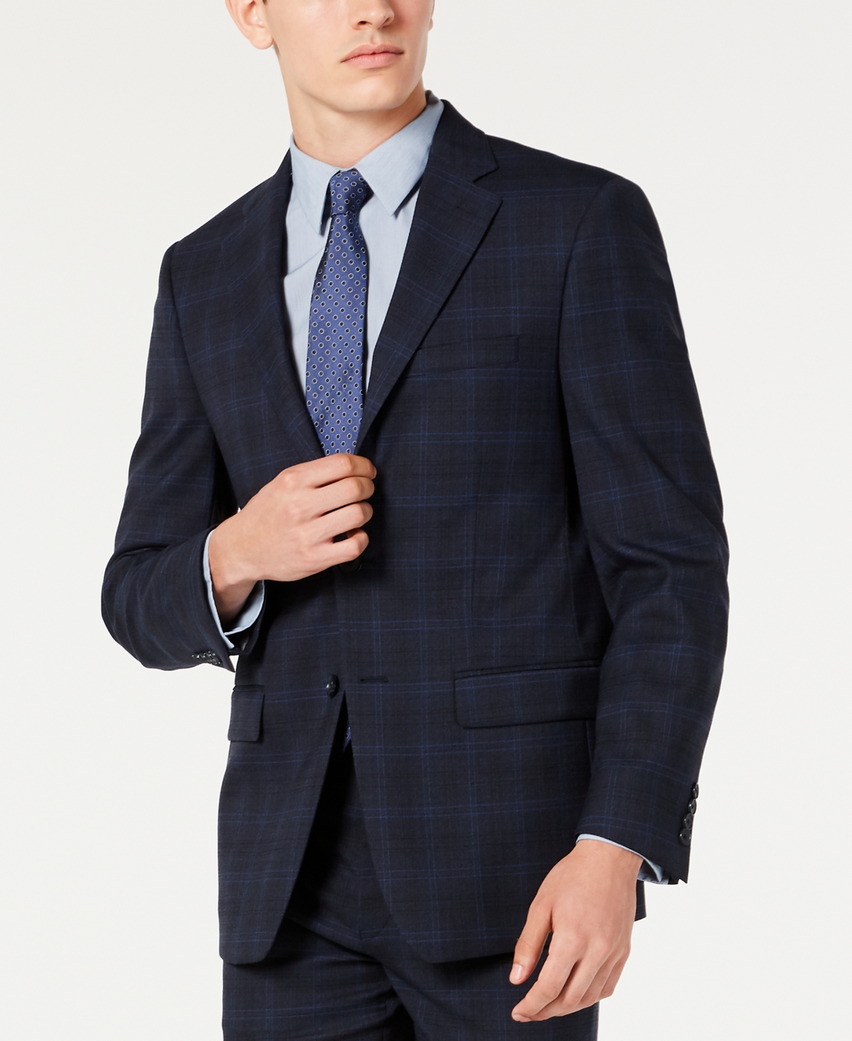 Men's X-fit Extra-slim Fit Infinite Stretch Navy Blue Windowpane Wool Suit  Jacket