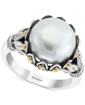 image of Effy Cultured Freshwater Pearl (11mm) & Diiamond (1/10 ct. t.w.) Statement Ring in Sterling Silver & 18k Gold-Plate