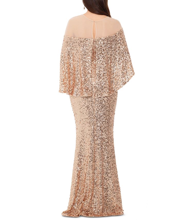 betsy & adam sequin & mesh overlay gown