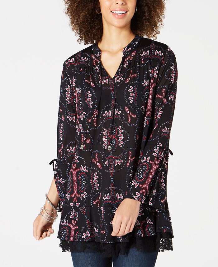Style & Co Printed LaceTrimmed BellSleeve Tunic Top, Created for Macy