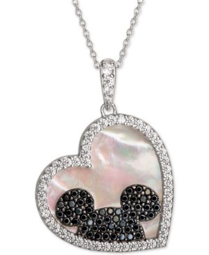 Disney Mickey Mouse Cubic Zirconia & Black Spinel Heart 18" Pendant Necklace In Sterling Silver