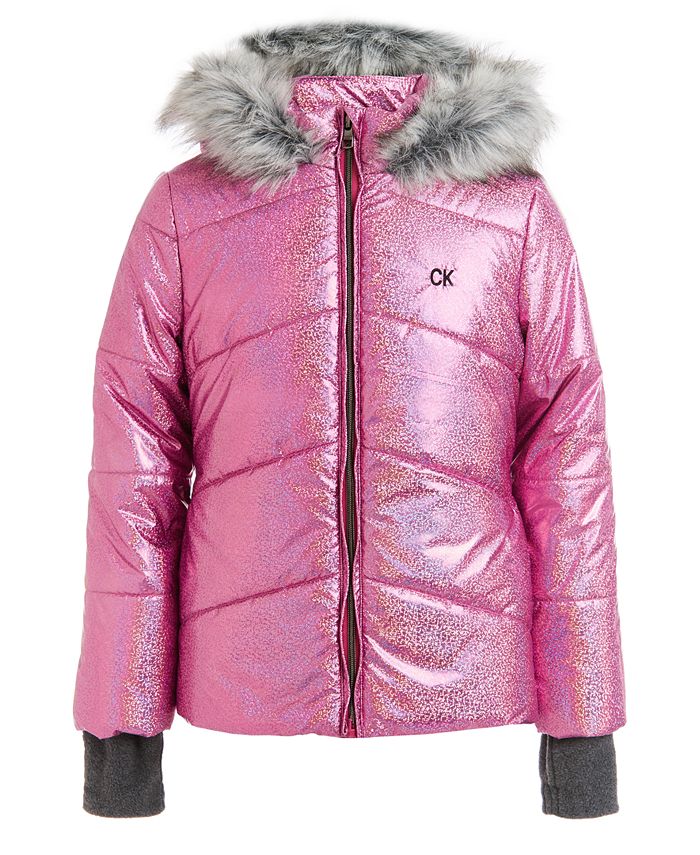 Calvin klein hooded metallic puffer coat top