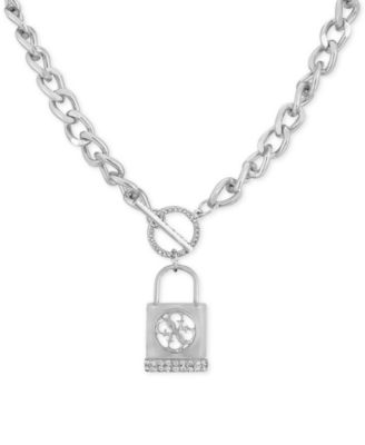 GUESS Silver Tone Pave Padlock 18 Pendant Necklace Macy s