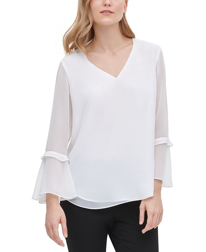 Calvin Klein Sheer Bell-Sleeve Blouse - Macy's
