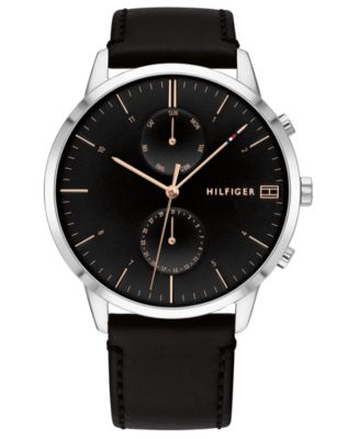 Tommy Hilfiger Men's Black Leather Strap Watch 44mm, Created for Macy's ...