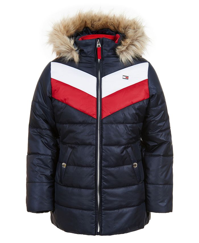 Tommy Hilfiger Toddler Girls Quilted Colorblocked Jacket With FauxFur