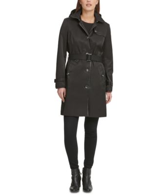 DKNY - Faux-Leather-Trim Hooded Trench Coat