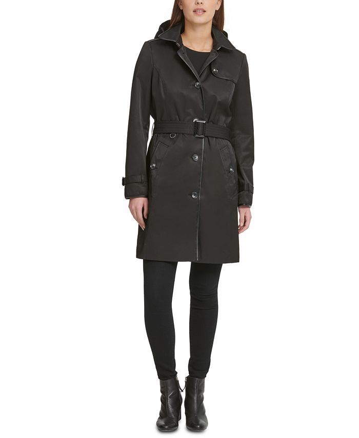 Dkny Belted Faux Leather Trim Hooded, Dkny Belted Faux Leather Trim Hooded Trench Coat