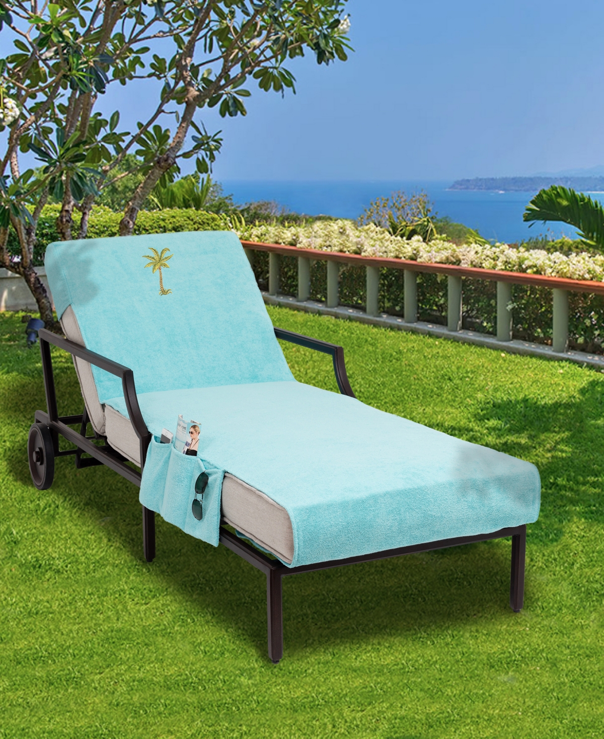 Standard Size Chaise Lounge Cover with Side Pockets Embroidered with Palm Tree - Grey