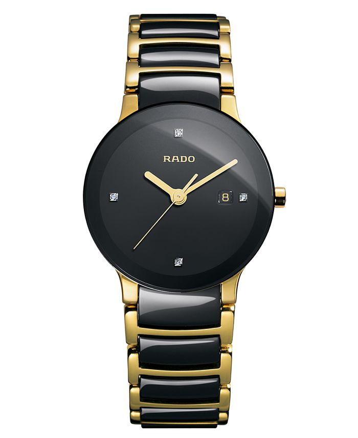 Rado - Women's Swiss Centrix Diamond Accent Black Ceramic and Gold-Tone PVD Stainless Steel Bracelet Watch 28mm R30930712