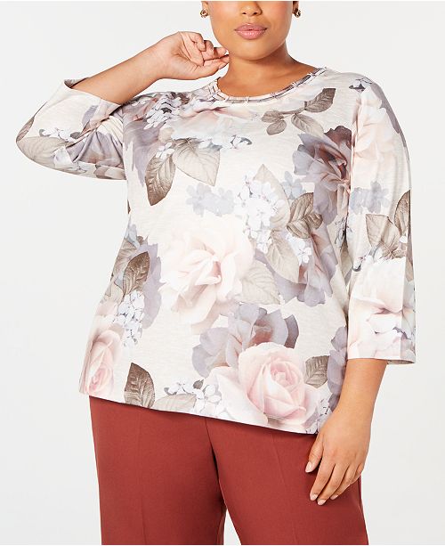 Alfred Dunner Plus Size Boardroom Printed Lattice Trim Top