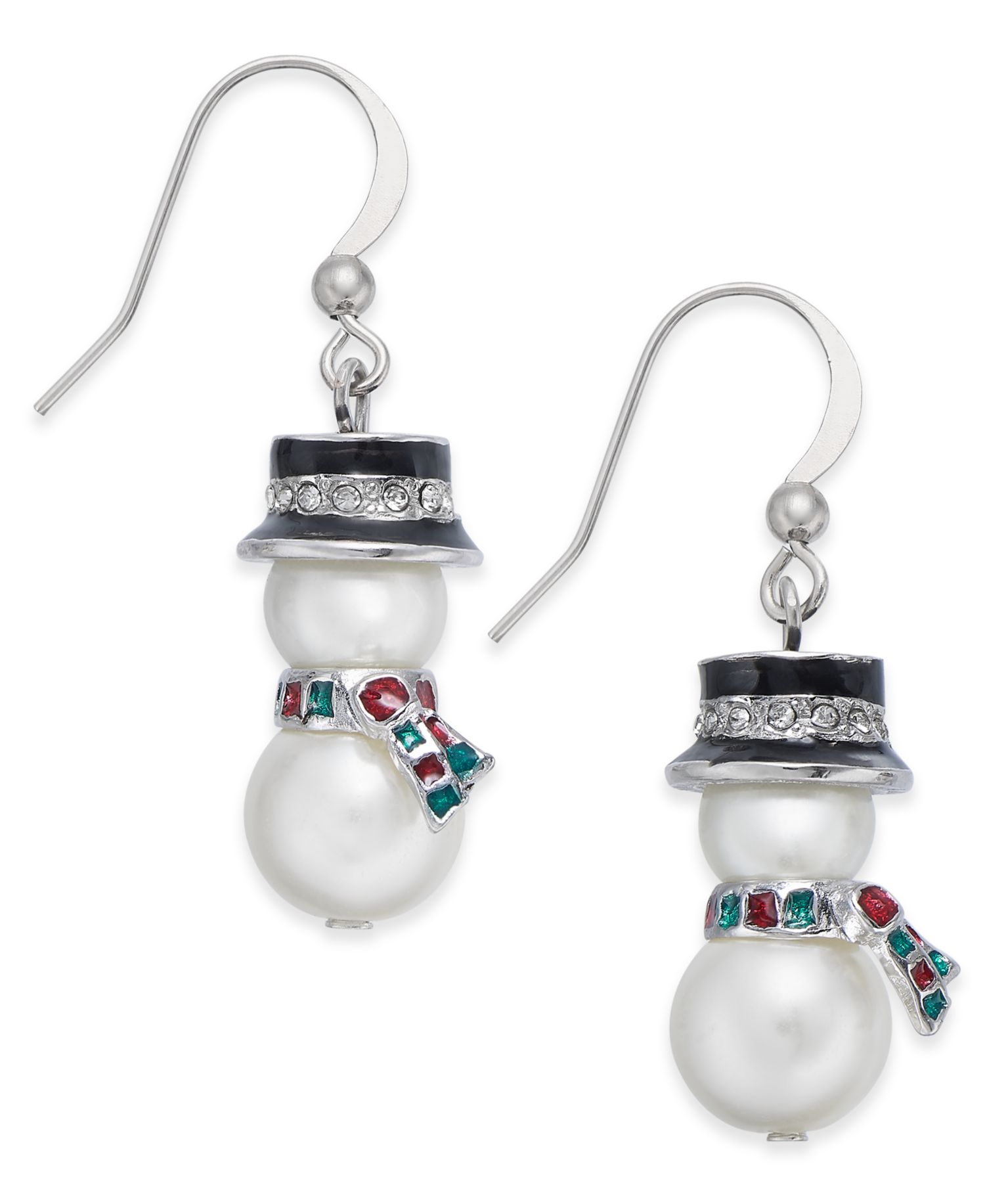 Silver-Tone Crystal & Imitation Pearl Snowman Drop Earrings