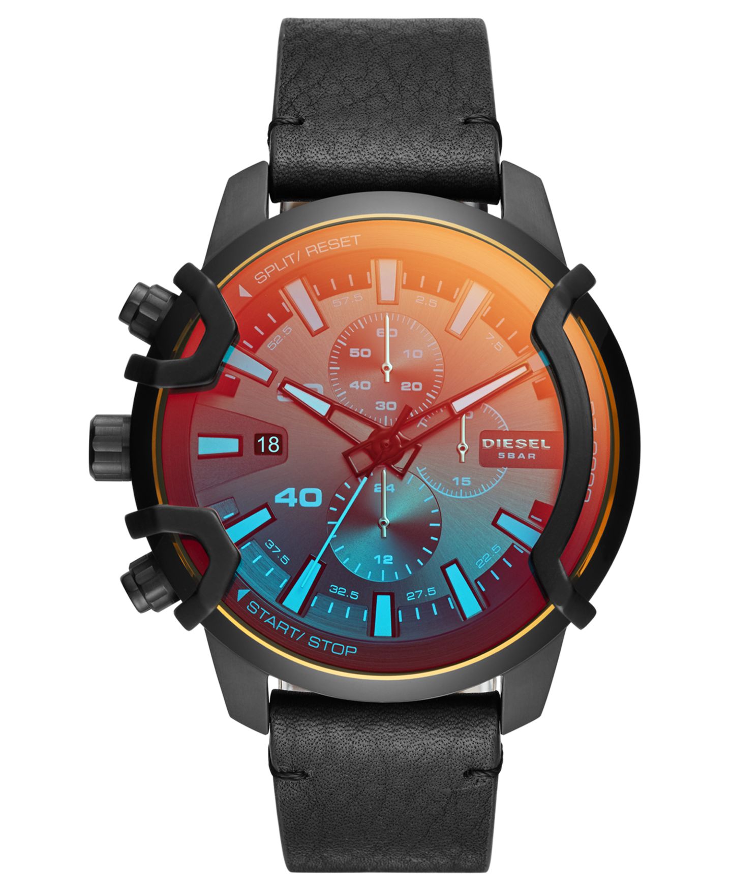 Мужские часы Diesel Chronograph Griffed Black Leather Strap Watch 46mm — фото 1