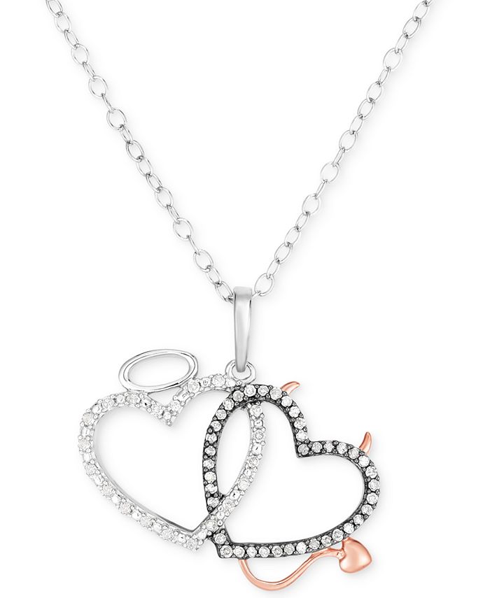 Macy's - Diamond Angel & Devil Double Heart 18" Pendant Necklace (1/6 ct. t.w.) in Sterling Silver & 14k Rose Gold-Plate