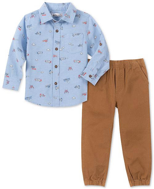 2 Pc Plane Print Button Front Top Jogger Pants Set