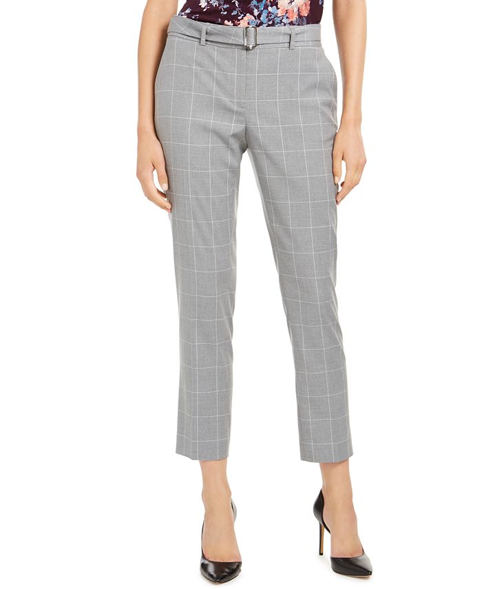 Calvin Klein Belted Windowpane Skinny Pants - Macy's