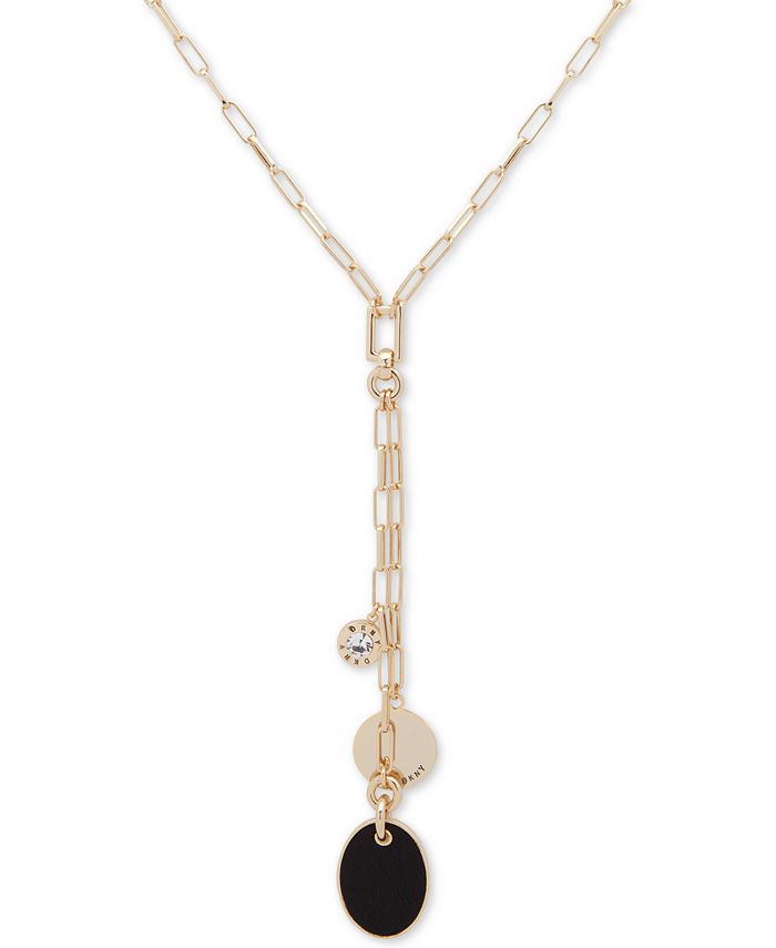 DKNY Gold-Tone Crystal & Leather Shaky Charm Lariat Necklace, 18
