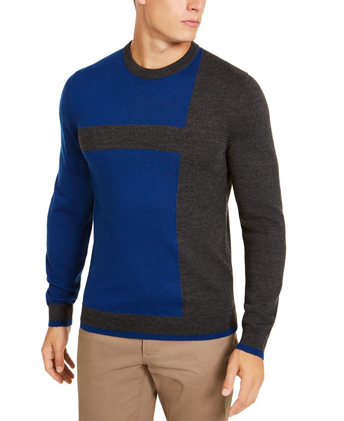 Alfani Men's Merino Blend Blocked Crewneck Sweater, Created for Macy's ...