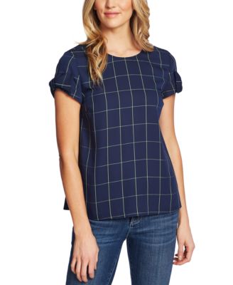 CeCe - Windowpane-Print Bow-Cuff Top