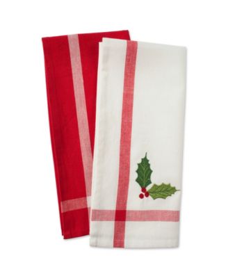 Stripe Holly Mistletoe Holiday embroidered Dishtowel Set