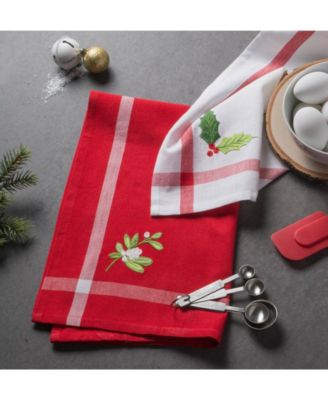Stripe Holly Mistletoe Holiday embroidered Dishtowel Set
