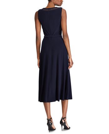 Lauren Ralph Lauren Mesh-Yoke Belted Jersey Dress - Macy's