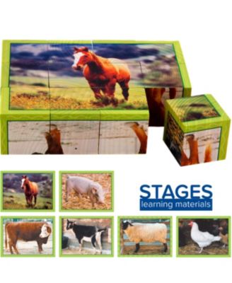 Stages Learning Materials Wooden Real Picture Farm Animal Cube Puzzle 12 pieces