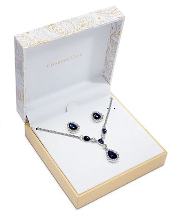 Charter Club - Silver-Tone Crystal and Stone Lariat Necklace & Stud Earrings Set, 17" + 2" extender