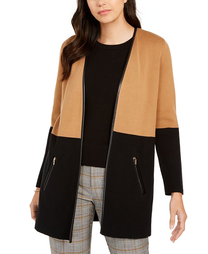 Charter Club Petite Faux Leather Trim Colorblock Cardigan Created