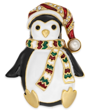 image of Holiday Lane Gold-Tone Pave & Imitation Pearl Penguin Pin, Created for Macy-s
