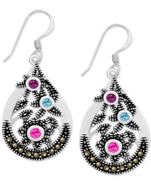 image of Genuine Swarovski Marcasite Multicolor Crystal Openwork Drop Earrings in Fine Silver-Plate