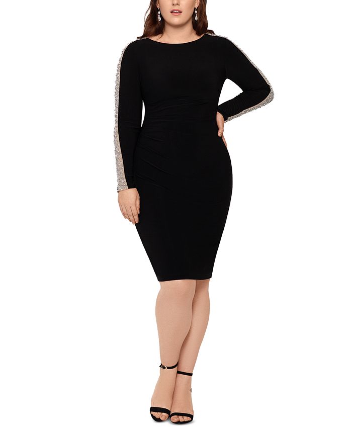XSCAPE Plus Size Embellished-Mesh-Sleeve Dress - Macy's