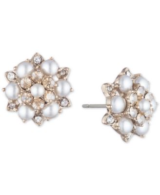 Marchesa - Gold-Tone Crystal & Imitation Pearl Cluster Button Earrings