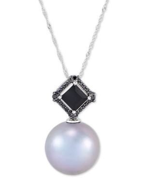 image of Honora Cultured Grey Ming Pearl (13mm), Black Diamond (1/10 ct. t.w.) & Onyx (7mm) 18