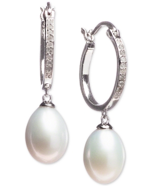 image of Cultured Freshwater Pearl (7 x 9mm) & Diamond (1/10 ct. t.w.) Hoop Drop Earrings in Sterling Silver