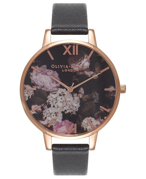 Olivia Burton Women S Signature Floral Black Leather Strap Watch 38mm Reviews Watches Jewelry Watches Macy S