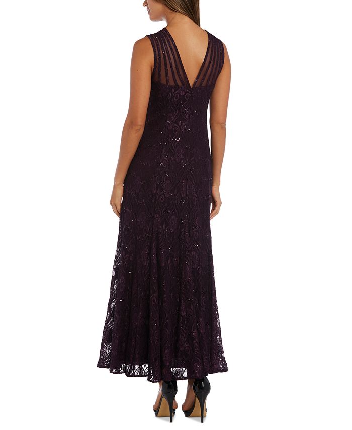 R & M Richards Women's Long Embellished Illusion-Detail Lace Gown ...