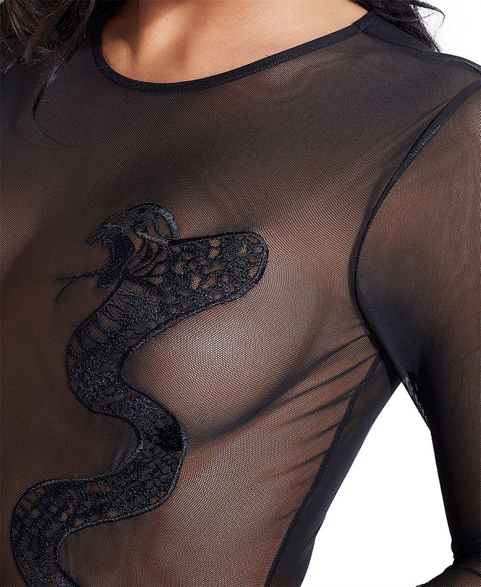 GUESS Sheer Snake-Embroidered Bodysuit - Macy's